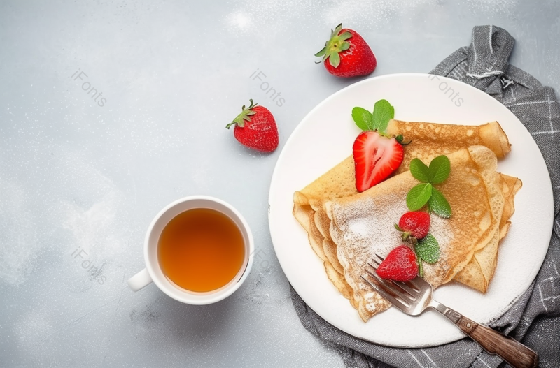 俯拍法式可丽饼薄饼甜点糕点草莓咖啡装饰,高清,摄影图,摄影图片,图片大全,摄影图免费下载